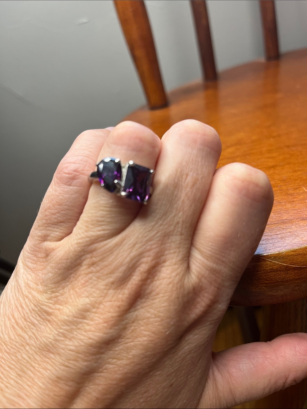NWT BaubleBar Amethyst Two Stone Cocktail Ring Size 6 White Gold Tone - Picture 2 of 8